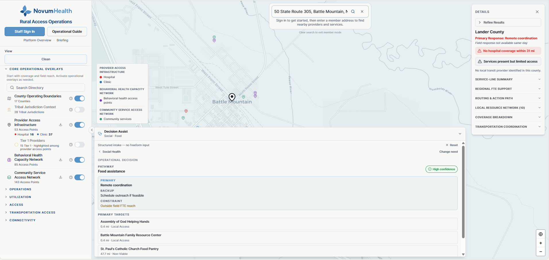 Decision assist recommendation screen from the Nevada Rural Behavioral Health Access Platform
