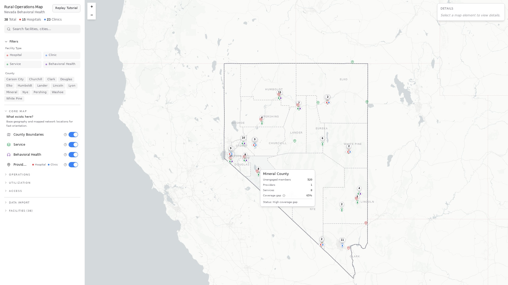 Historical Nevada access platform: county service-location comparison